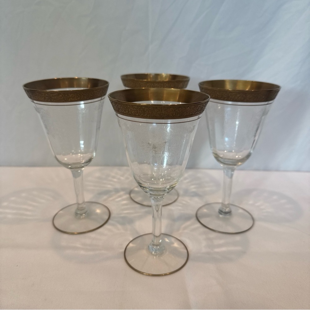 Antique 1920s Art Deco Etched Crystal Stemmed Glasses with Gold Rims